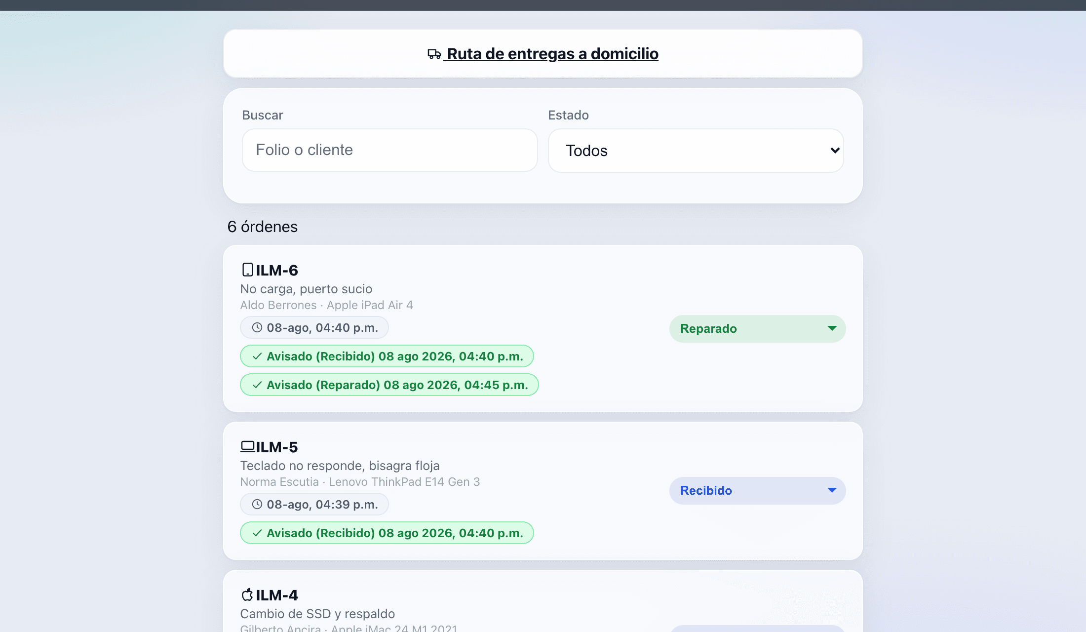 Lista de órdenes de servicio dentro de IntegraTech Taller
