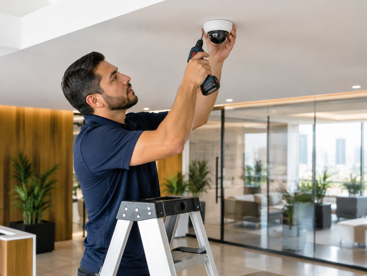 Técnico instalando una cámara de videovigilancia en una oficina